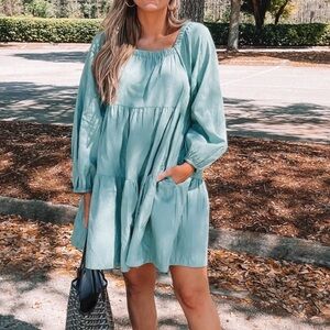 Green square neck dress with embroidered detail